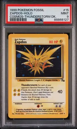 PSA 9 Zapdos Holo 15/62 Cosmos Thunderstorm Deck Fossil 1999 Pokemon Card - Image 1