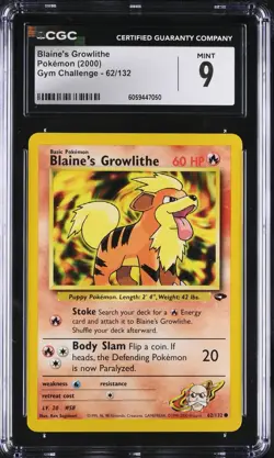 CGC 9 Blaine's Growlithe 62/132 Gym Challenge 2000 Pokemon Card - Image 1