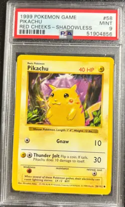 PSA 9 Pikachu 58/102 Red Cheeks Shadowless Base Set 1999 Pokemon Card - Image 1