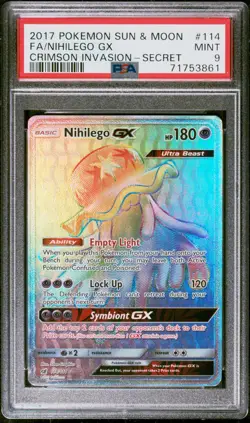 PSA 9 Nihilego GX Rainbow 114/111 Sun & Moon Crimson Invasion Pokemon Card - Image 1