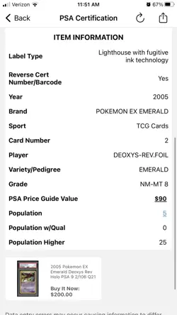 2005 Pokemon PSA 8 MINT Deoxys 2/106 EX Emerald Reverse Holofoil POP 5 - Image 3