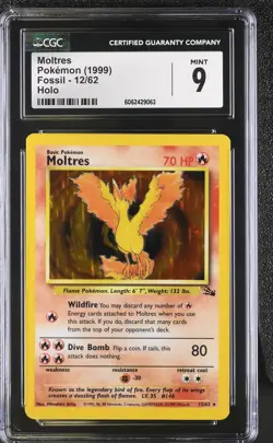CGC 9 MINT Moltres 1999 Fossil 12/62 Holo Pokemon Card - Image 1
