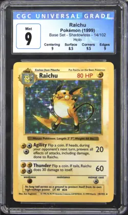1999 POKEMON BASE SET SHADOWLESS RAICHU CGC 9 - Image 1