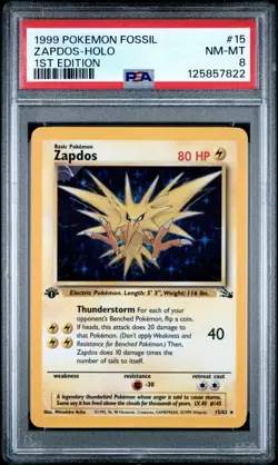 1999 POKEMON FOSSIL 1ST ED #15 ZAPDOS-HOLO PSA 8 - Image 1
