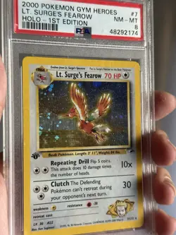 Pokemon TCG Lt. Surge's Fearow 1st Edition Holo Rare Gym Heroes PSA 8 - Image 1
