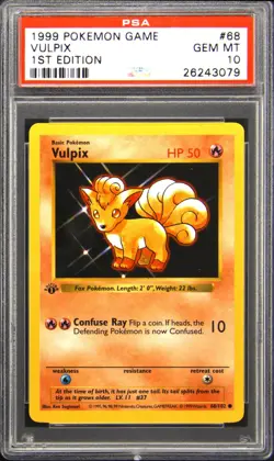 1999 POKEMON BASE SET 1ST EDITION #68 VULPIX PSA 10 - Image 1