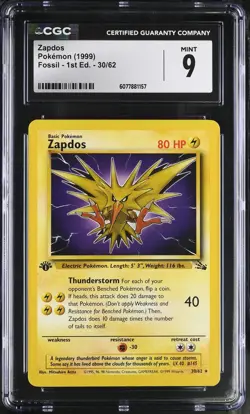 CGC 9 MINT Zapdos 1999 Fossil 1st Edition 30/62 Pokemon Card - Image 1