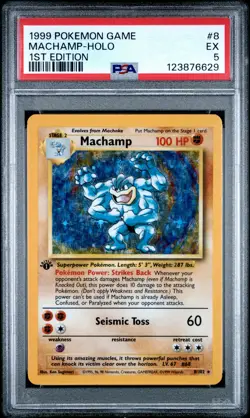 1999 POKEMON GAME 1ST ED #8 MACHAMP-HOLO PSA 5 - Image 1