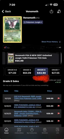 Vintage 1999 Pokemon TCG Jungle Venomoth 13/64 Holo Unlimited Rare NM-MINT SGC 8 - Image 3