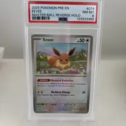 2025 Pokemon Prismatic Evolutions Eevee Master Ball Reverse Holo PSA 8 074/131 - Image 1