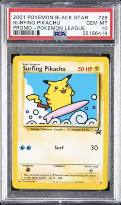 2001 POKEMON PROMO BLACK STAR POKEMON LEAGUE #28 SURFING PIKACHU PSA 10 - Image 1