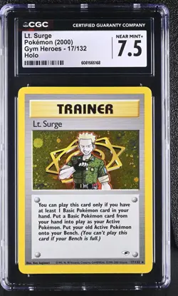 2000 Pokemon Gym Heroes Trainer Lt. Surge #17/132 Holo CGC 7.5 - Image 1