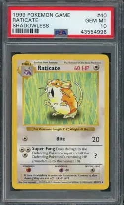 RATICATE #40 PSA 10 1999 POKEMON WOTC SHADOWLESS BASE SET - Image 1