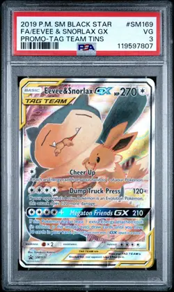 2019 POKEMON SM BLACK STAR PROMO TAG TEAM TINS FULL ART/EEVEE & SNORLAX GX PSA 3 - Image 1