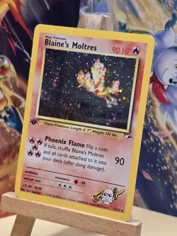 1st Edition Blaine's Moltres 1/132 Gym Heroes Holo Rare Vintage Pokemon SWIRL - Image 2