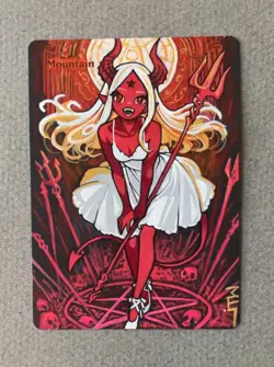 Magic MTG Altered Painted Mountain Devil Anime Girl by white_alters - Image 1