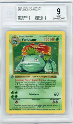 1999 Pokemon Base Set Venusaur 15/102 1st Edition Shadowless Holo BGS 9 - Image 1