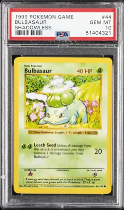 1999 POKEMON BASE SET SHADOWLESS #44 BULBASAUR PSA 10 - Image 1
