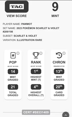 Pawmot 209/198 IR Illustration Rare Pokemon 2023 Scarlet & Violet Base Set TAG 9 - Image 3
