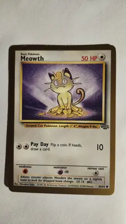 Pokemon 1999 TCG Meowth Gold Border Jungle Promo Vintage Card 56/64 LP Pokemon - Image 1