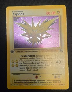Pokemon Card WOTC 1999 1st Edition Zapdos 15/62 Fossil Set - LP - Image 1