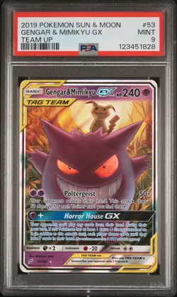 2019 POKEMON SUN & MOON TEAM UP #53 GENGAR & MIMIKYU GX PSA 9 - Image 1