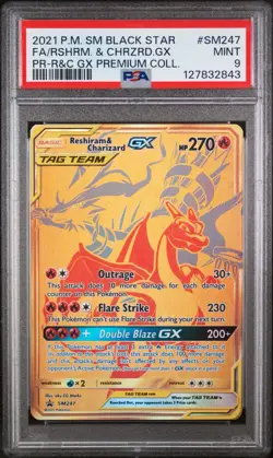 2021 POKEMON SM BLACK STAR PROMO #SM247 FULL ART/RESHIRAM & CHARIZARD GX PSA 9 - Image 1