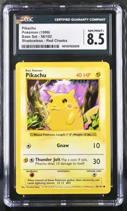 CGC 8.5 Pikachu 1999 Base Set 58/102 Shadowless Red Cheeks Pokemon Card - Image 1