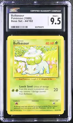 CGC 9.5 MINT+ Bulbasaur 1999 Base Set 44/102 Pokemon Card - Image 1
