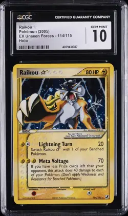 2005 POKEMON EX UNSEEN FORCES GOLD STAR SUPER RARE #114 RAIKOU CGC 10 GEM MINT - Image 1