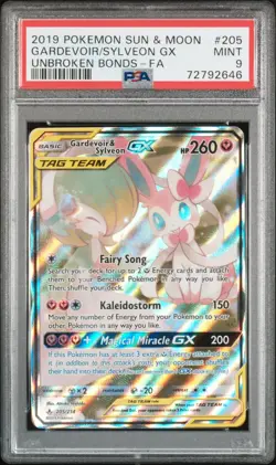 Pokemon TCG 2019 Sun & Moon Unbroken Bonds Gardevoir & Sylveon GX 205/214 PSA 9 - Image 1