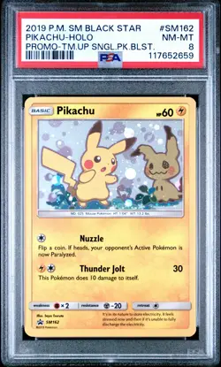 POKEMON TEAM UP SM BLACK STAR PROMO PIKACHU #SM162 HOLO PSA 8 NM #117652659 - Image 1