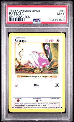 1999 Pokemon Rattata 61/102 Common Base Set Shadowless - PSA 9 MINT - Image 1