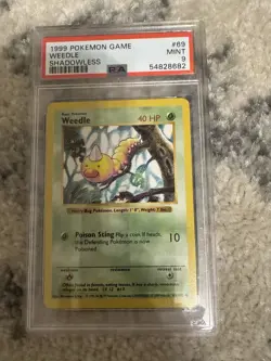 1999 Pokemon Card Base Set Shadowless WEEDLE 69/102, PSA 9 MINT - Image 1