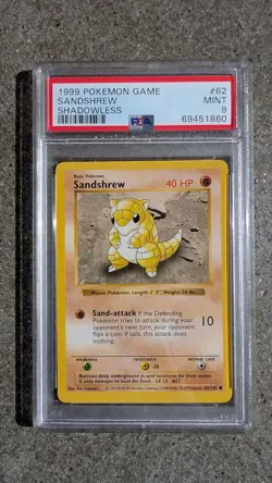 1999 POKEMON GAME 62 SANDSHREW SHADOWLESS MINT PSA 9 - Image 1