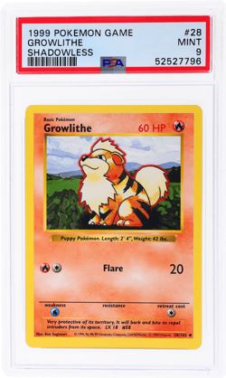 1999 Pokemon Base Set Growlithe Shadowless #28 PSA 9 - Image 1