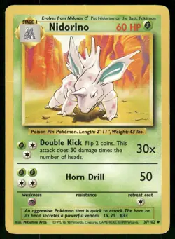 1999 Moderately Played Pokemon Nidorino 37/102 Base Set English - Image 1