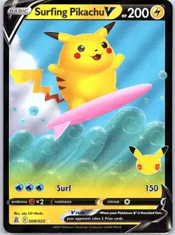 Surfing Pikachu V 008/025 Celebrations - Pokemon Card - NM - Image 1