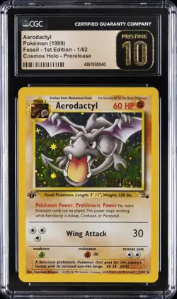 1999 POKEMON FOSSIL 1ST ED COSMOS HOLO PRERELEASE AERODACTYL CGC 10 PRISTINE - Image 1