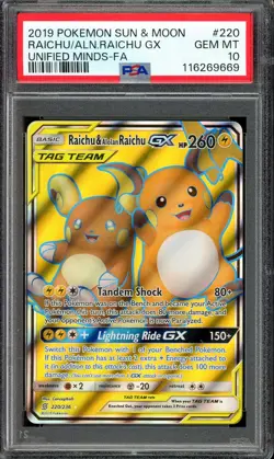 [PSA 10] Raichu & Alolan Raichu 220/236 Unified Minds Tag Team Full Art POKEMON - Image 1