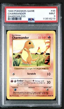 Pokemon Card Charmander 46/102 Shadowless Base Set 1999 PSA 9 MINT - Image 1