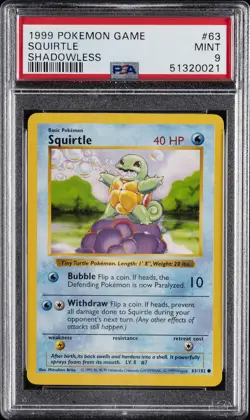 1999 POKEMON BASE SET SHADOWLESS #63 SQUIRTLE PSA 9 - Image 1