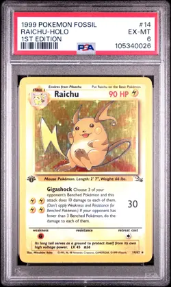 1999 POKEMON FOSSIL 1ST ED #14 RAICHU-HOLO PSA 6 - Image 1