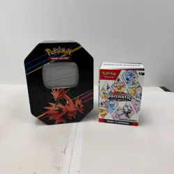 Pokemon Card & Tin Bundle w/ Pokemon, Reverse/Holo Cards, Energy & Trainer Cards - Image 1