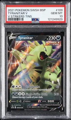 2021 POKEMON SWSH BLACK STAR PROMO V STRIKERS TINS #109 TYRANITAR V PSA 10 - Image 1