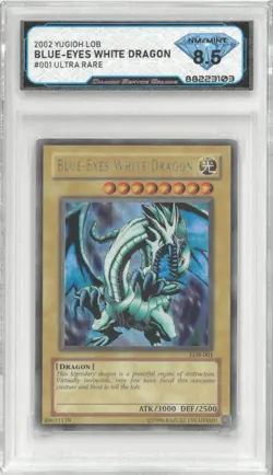 2002 Yugioh! BLUE-EYES WHITE DRAGON #LOB-001 Ultra Rare 💎 DSG 8.5 NM/Mint - Image 1