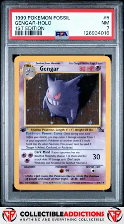 1999 Pokemon Fossil #5 Gengar-Holo 1st Edition PSA 7 - Image 1