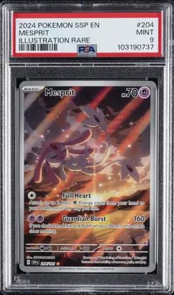 2024 POKEMON SSP EN-SURGING SPARKS ILLUSTRATION RARE #204 MESPRIT PSA 9 - Image 1