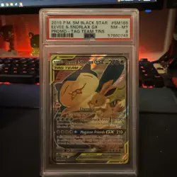 2019 Pokemon SM Black Star Promo Eevee & Snorlax Tag Team GX #SM169 PSA 8 - Image 1