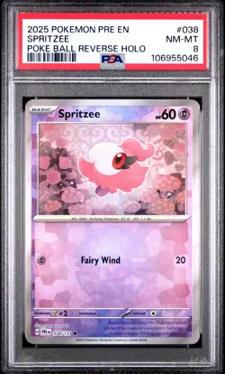 2025 POKEMON PRE EN-PRISMATIC EVOLUTIONS POKE BALL REVERSE HOLO SPRITZEE PSA 8 - Image 1